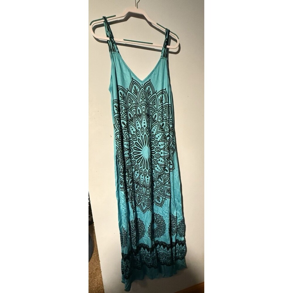 Finjani Women's Teal Black Boho Maxi Dress Sleeveless Travel Cruise NWOT
